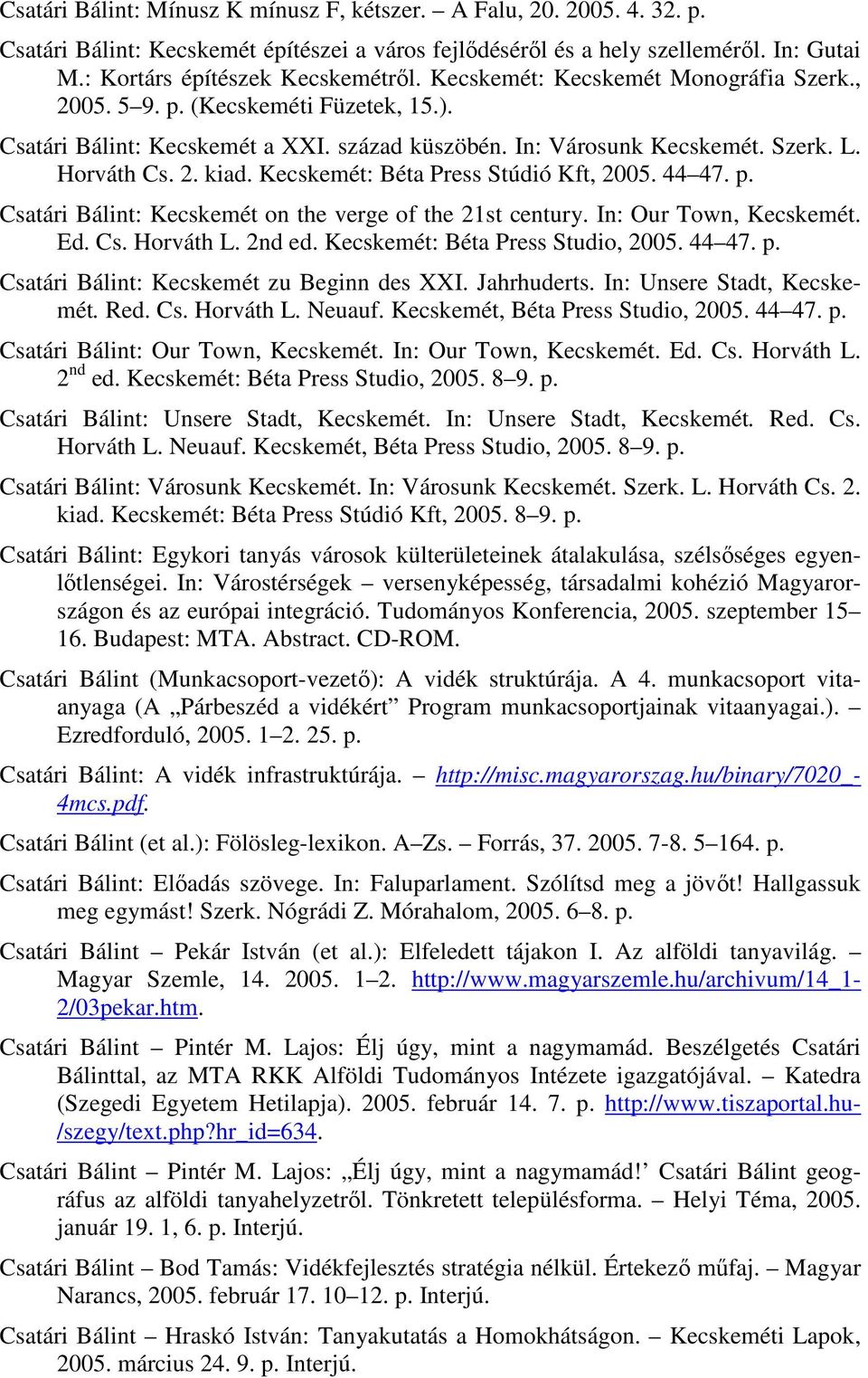 Kecskemét: Béta Press Stúdió Kft, 2005. 44 47. p. Csatári Bálint: Kecskemét on the verge of the 21st century. In: Our Town, Kecskemét. Ed. Cs. Horváth L. 2nd ed. Kecskemét: Béta Press Studio, 2005.