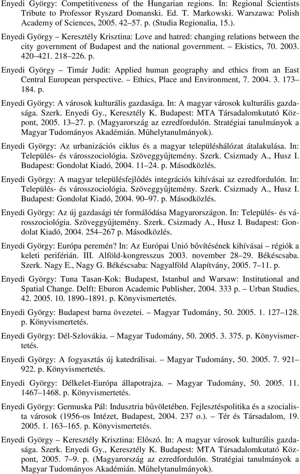 218 226. p. Enyedi György Timár Judit: Applied human geography and ethics from an East Central European perspective. Ethics, Place and Environment, 7. 2004. 3. 173 184. p. Enyedi György: A városok kulturális gazdasága.