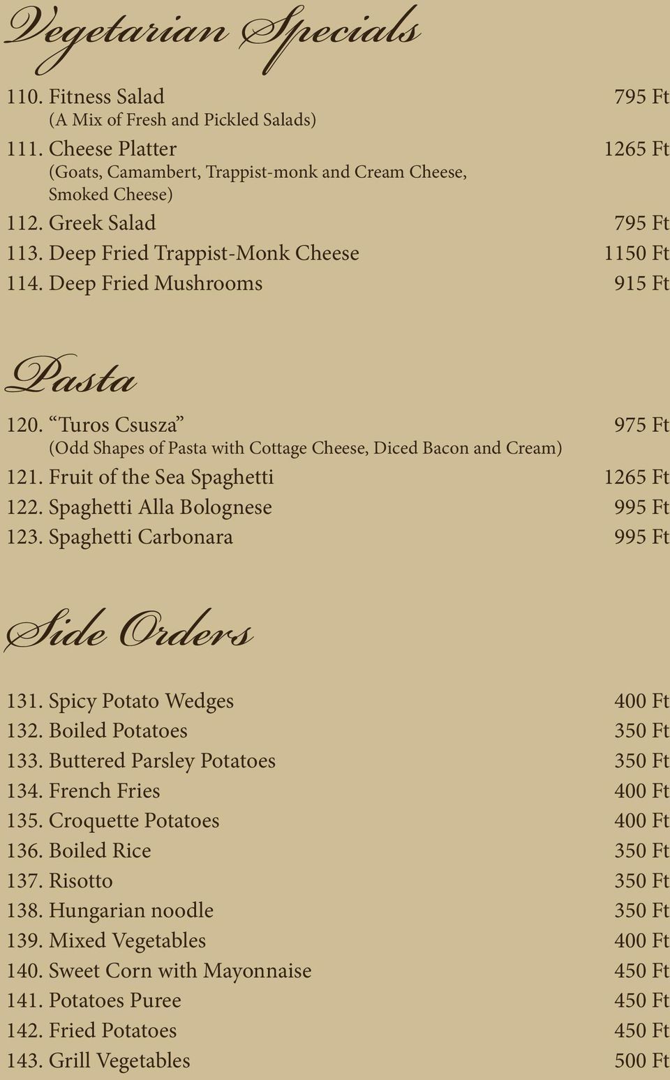 Fruit of the Sea Spaghetti 1265 Ft 122. Spaghetti Alla Bolognese 995 Ft 123. Spaghetti Carbonara 995 Ft Side Orders 131. Spicy Potato Wedges 400 Ft 132. Boiled Potatoes 350 Ft 133.