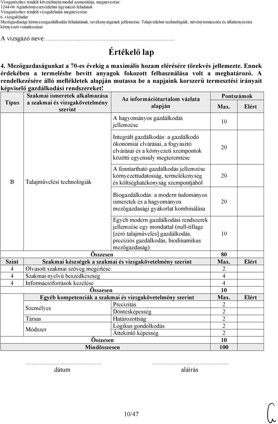 Típus Szakmai ismeretek alkalmazása a szakmai és vizsgakövetelmény szerint alapján A hagyományos gazdálkodás jellemzése Pontszámok Max.