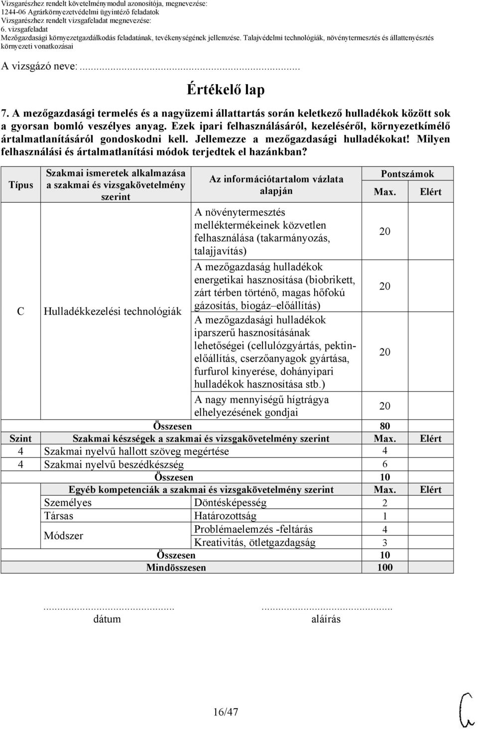 Milyen felhasználási és ártalmatlanítási módok terjedtek el hazánkban? Típus Szakmai ismeretek alkalmazása a szakmai és vizsgakövetelmény szerint alapján Pontszámok Max.