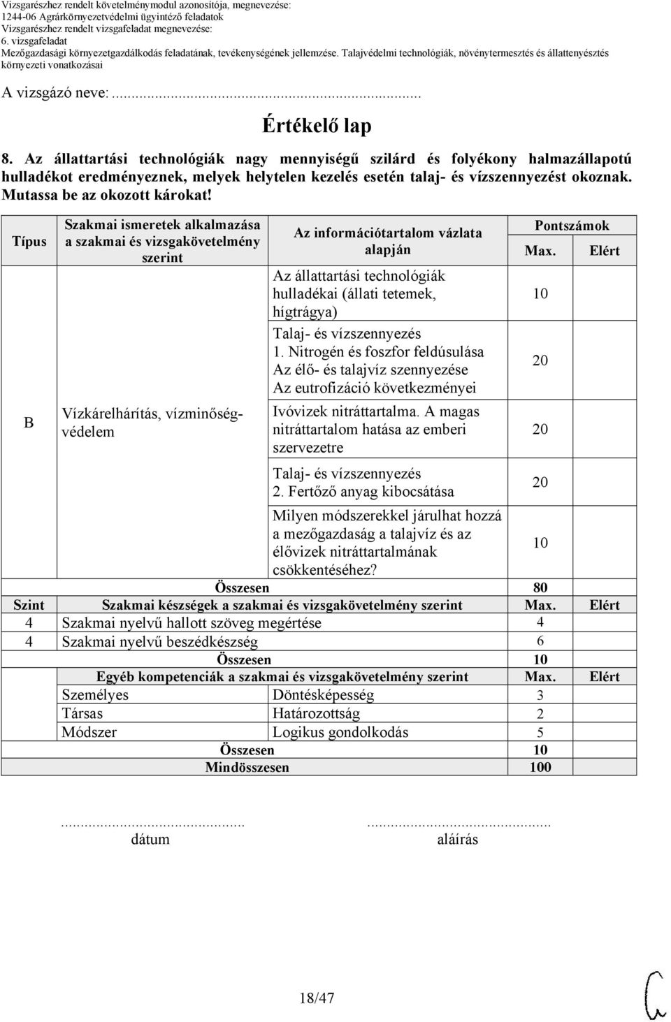 Típus B Szakmai ismeretek alkalmazása a szakmai és vizsgakövetelmény szerint Vízkárelhárítás, vízminőségvédelem alapján Az állattartási technológiák hulladékai (állati tetemek, hígtrágya) Talaj- és