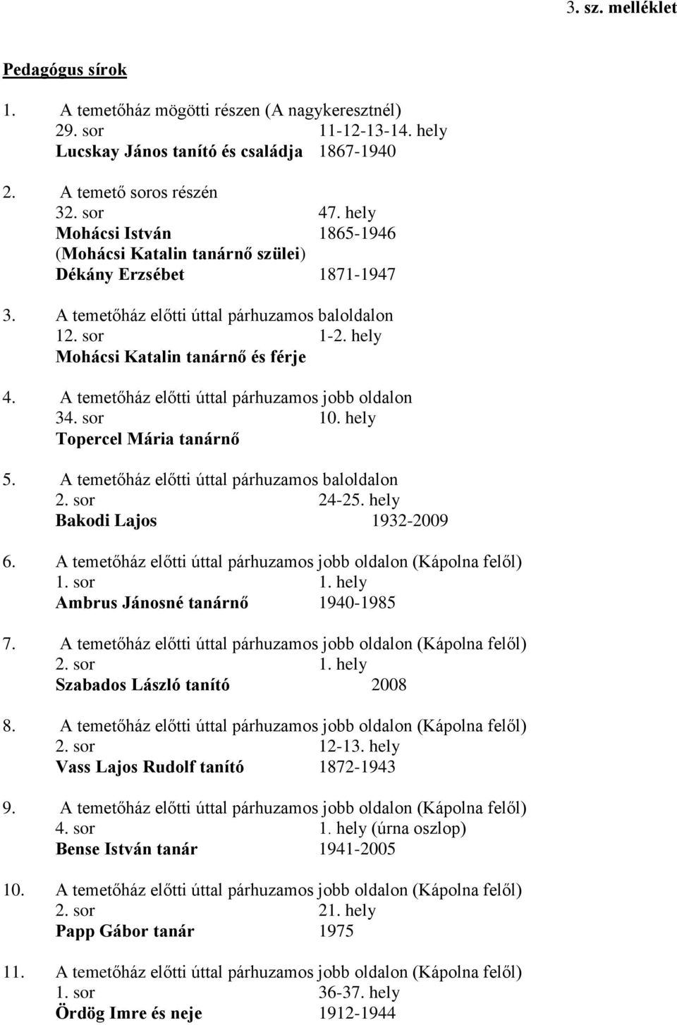 A temetőház előtti úttal párhuzamos jobb oldalon 34. sor 10. hely Topercel Mária tanárnő 5. A temetőház előtti úttal párhuzamos baloldalon 2. sor 24-25. hely Bakodi Lajos 1932-2009 6.