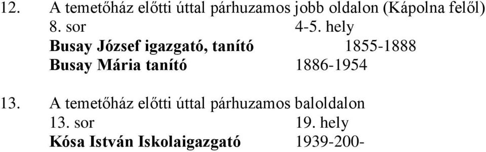 hely Busay József igazgató, tanító 1855-1888 Busay Mária tanító