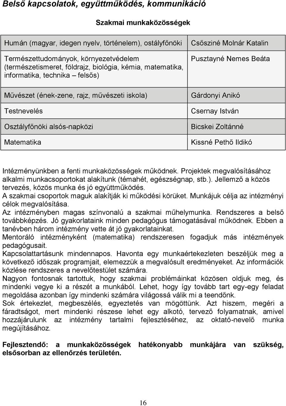 Beáta Gárdonyi Anikó Csernay István Bicskei Zoltánné Kissné Pethő Ildikó Intézményünkben a fenti munkaközösségek működnek.