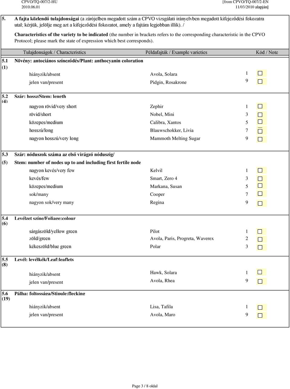 / Characteristics of the variety to be indicated (the number in brackets refers to the corresponding characteristic in the CPVO Protocol; please mark the state of expression which best corresponds).