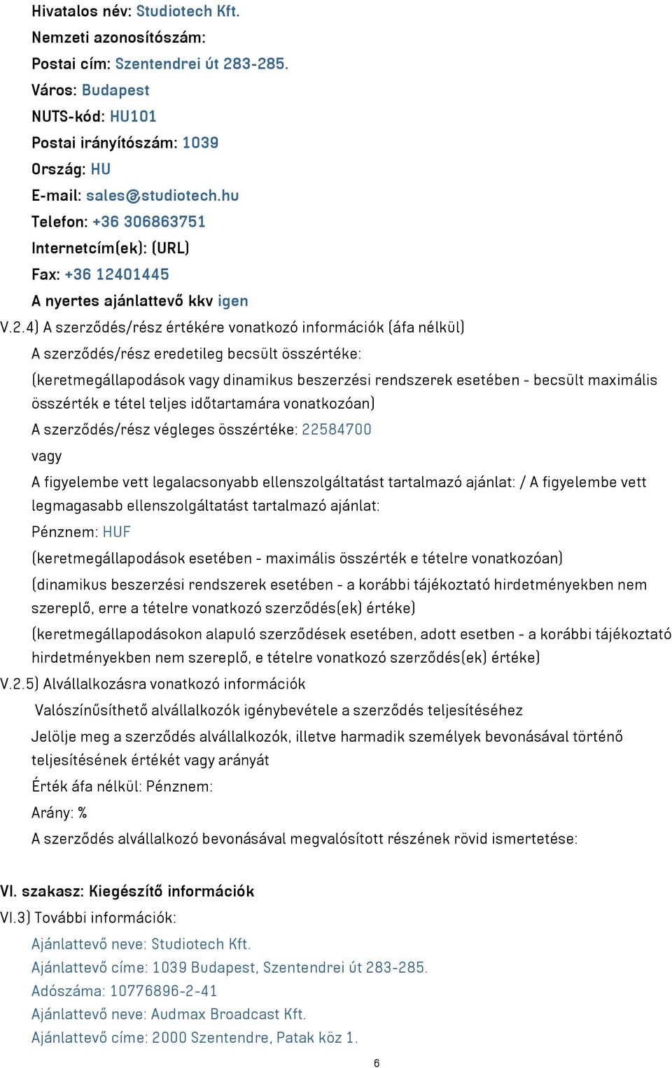 01445 A nyertes ajánlattevő kkv igen V.2.