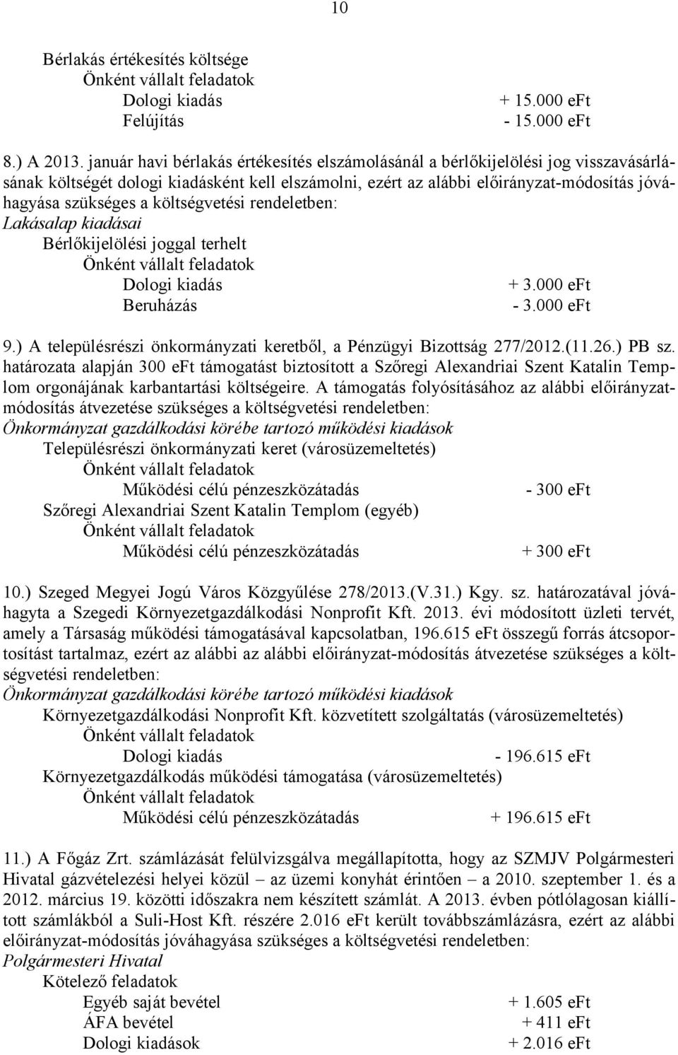 költségvetési rendeletben: Lakásalap kiadásai Bérlőkijelölési joggal terhelt + 3.000 eft - 3.000 eft 9.) A településrészi önkormányzati keretből, a Pénzügyi Bizottság 277/2012.(11.26.) PB sz.