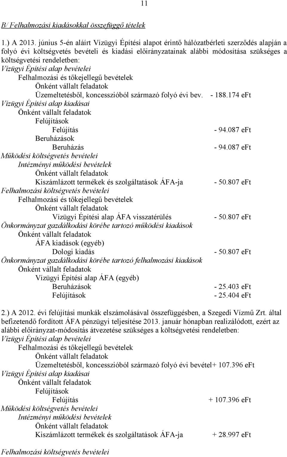 rendeletben: Vízügyi Építési alap bevételei Felhalmozási és tőkejellegű bevételek Üzemeltetésből, koncesszióból származó folyó évi bev.