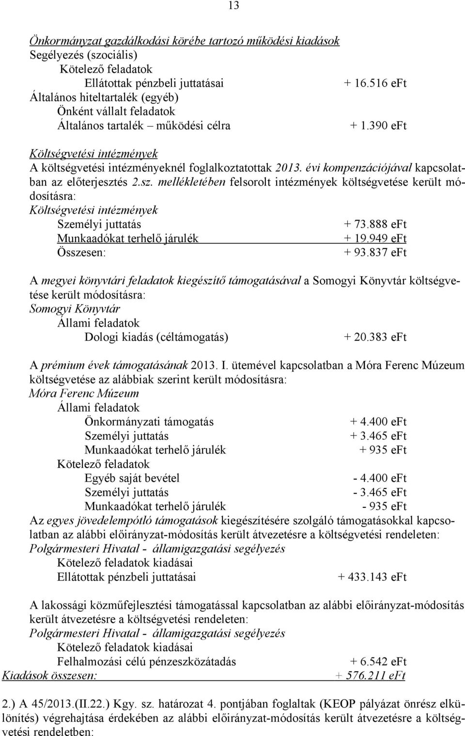 és 2.sz. mellékletében felsorolt intézmények költségvetése került módosításra: Költségvetési intézmények Személyi juttatás + 73.888 eft Munkaadókat terhelő járulék + 19.949 eft Összesen: + 93.