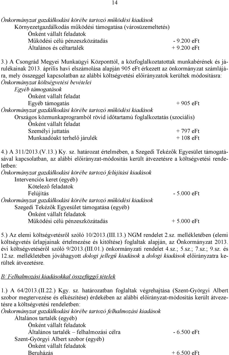 április havi elszámolása alapján 905 eft érkezett az önkormányzat számlájára, mely összeggel kapcsolatban az alábbi költségvetési előirányzatok kerültek módosításra: Önkormányzat költségvetési