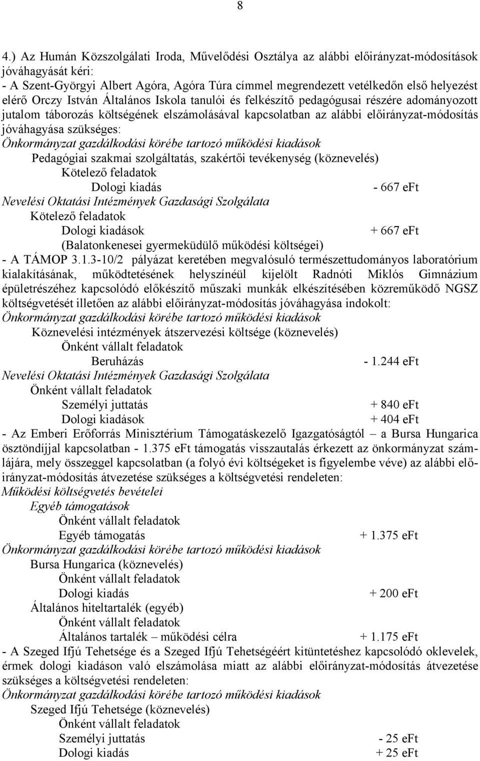 szükséges: Pedagógiai szakmai szolgáltatás, szakértői tevékenység (köznevelés) - 667 eft Nevelési Oktatási Intézmények Gazdasági Szolgálata + 667 eft (Balatonkenesei gyermeküdülő működési költségei)