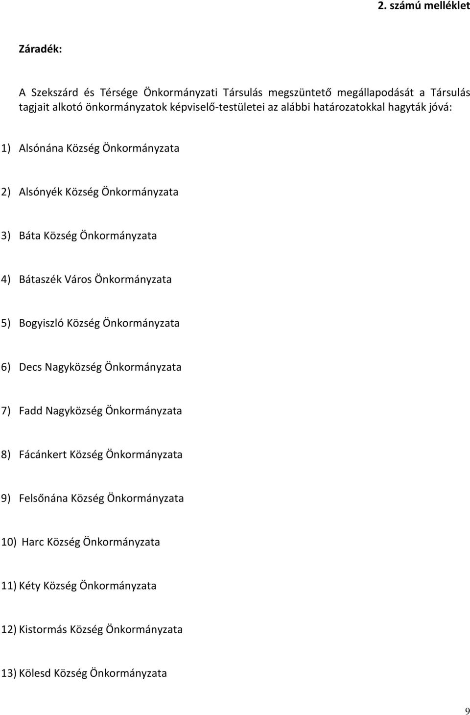 4) Bátaszék Város Önkormányzata 5) Bogyiszló Község Önkormányzata 6) Decs Nagyközség Önkormányzata 7) Fadd Nagyközség Önkormányzata 8) Fácánkert Község