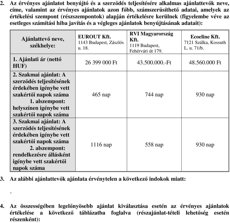 Ajánlati ár (nettó HUF) 2. Szakmai ajánlat: A szerződés teljesítésének érdekében igénybe vett 1. alszempont: helyszínen igénybe vett 3.