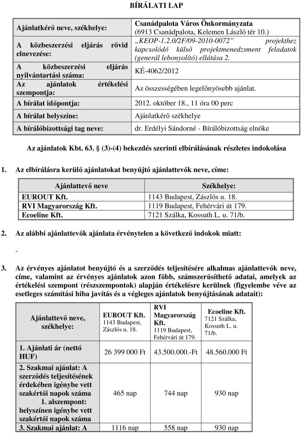 0/2F/09-2010-0072 projekthez kapcsolódó külső projektmenedzsment feladatok (generál lebonyolító) ellátása 2. KÉ-4062/2012 Az összességében legelőnyösebb ajánlat. 2012. október 18.