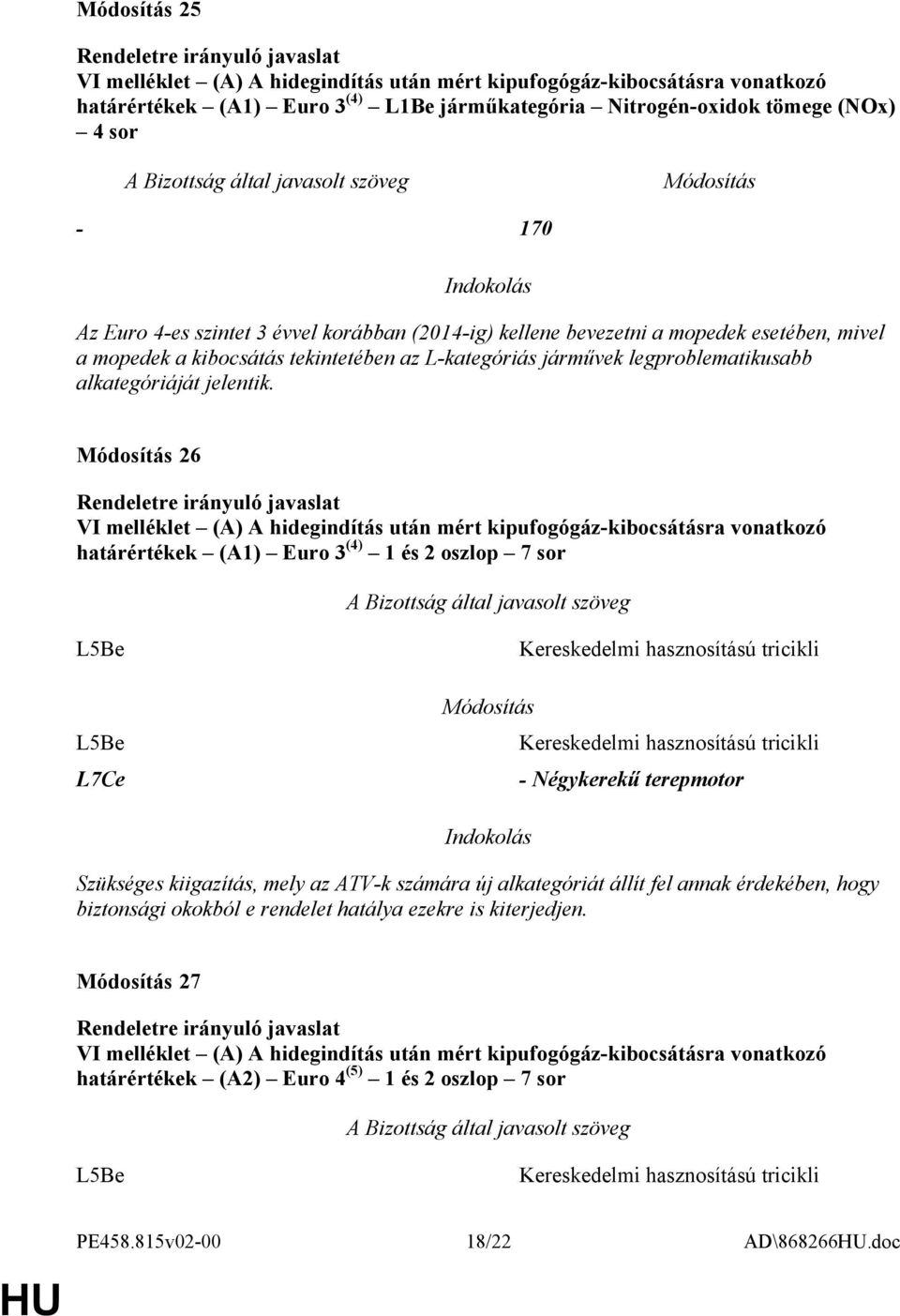 26 VI melléklet (A) A hidegindítás után mért kipufogógáz-kibocsátásra vonatkozó határértékek (A1) Euro 3 (4) 1 és 2 oszlop 7 sor L5Be L5Be L7Ce Kereskedelmi hasznosítású tricikli Kereskedelmi