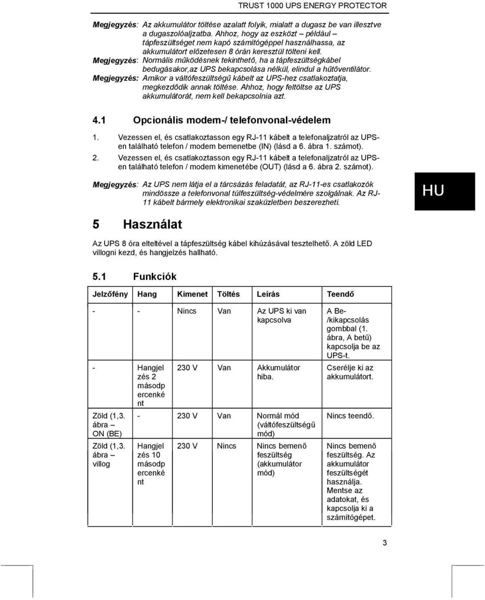 Megjegyzés: Normális működésnek tekinthető, ha a tápfeszültségkábel bedugásakor,az UPS bekapcsolása nélkül, elindul a hűtőventilátor.