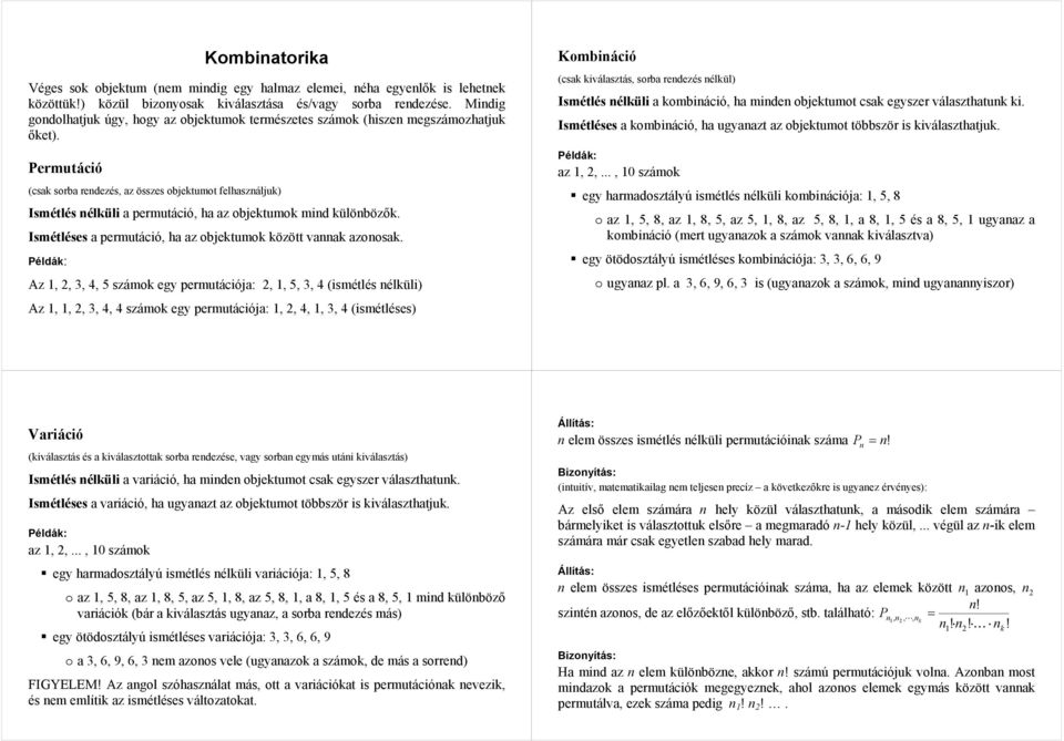 Permutáció (csa sorba redezés, az összes objetumot felhaszálju) Ismétlés élüli a permutáció, ha az objetumo mid ülöböző. Ismétléses a permutáció, ha az objetumo özött vaa azoosa.
