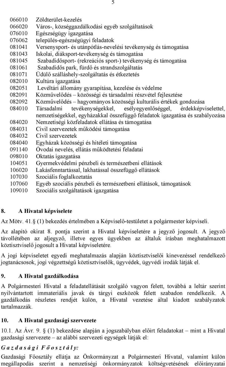 081071 Üdülő szálláshely-szolgáltatás és étkeztetés 082010 Kultúra igazgatása 082051 Levéltári állomány gyarapítása, kezelése és védelme 082091 Közművelődés közösségi és társadalmi részvétel