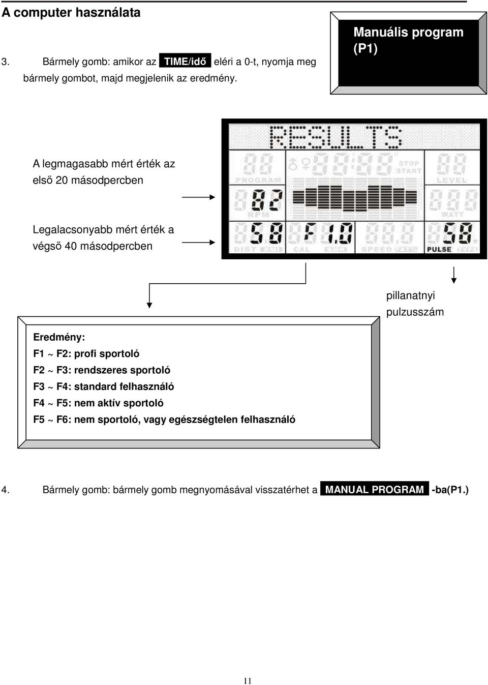 pulzusszám Eredmény: F1 ~ F2: profi sportoló F2 ~ F3: rendszeres sportoló F3 ~ F4: standard felhasználó F4 ~ F5: nem aktív sportoló