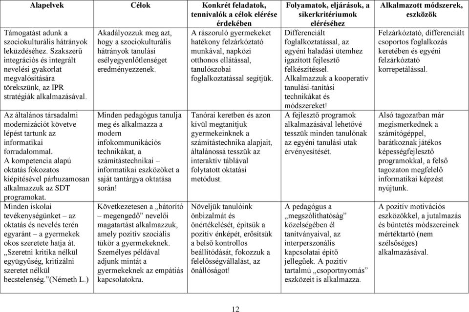 Az általános társadalmi modernizációt követve lépést tartunk az informatikai forradalommal. A kompetencia alapú oktatás fokozatos kiépítésével párhuzamosan alkalmazzuk az SDT programokat.