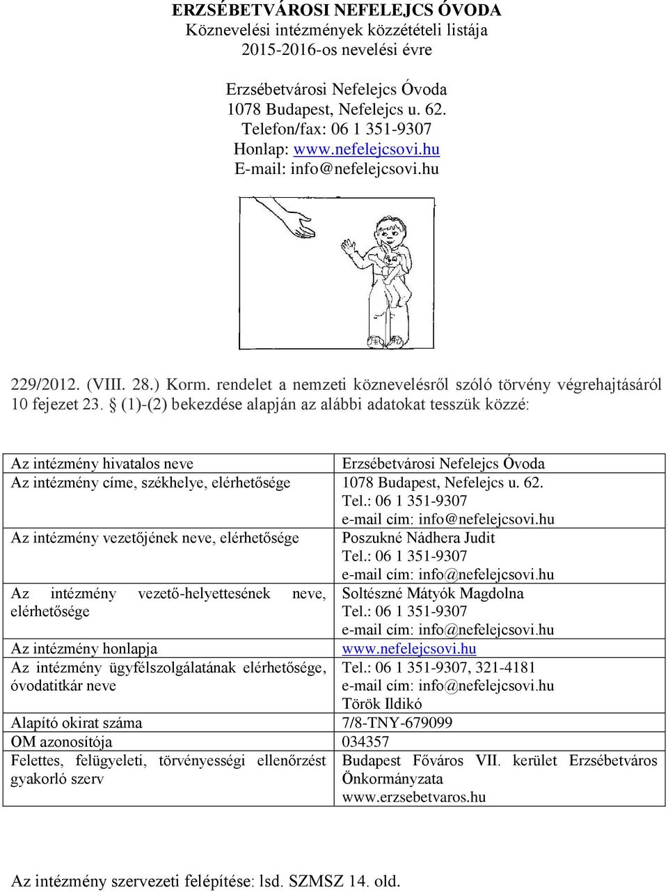 ()-(2) bekezdése alapján az alábbi adatokat tesszük közzé: Az intézmény hivatalos neve Erzsébetvárosi Nefelejcs Óvoda Az intézmény címe, székhelye, elérhetősége 078 Budapest, Nefelejcs u. 62.