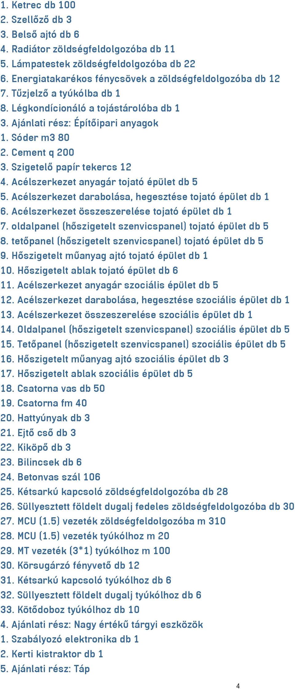 Acélszerkezet anyagár tojató épület db 5 5. Acélszerkezet darabolása, hegesztése tojató épület db 1 6. Acélszerkezet összeszerelése tojató épület db 1 7.