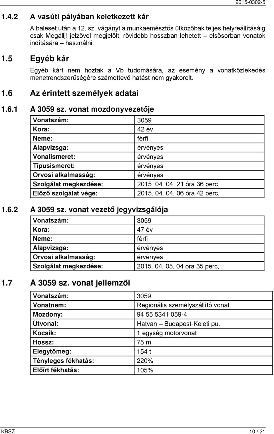 5 Egyéb kár Egyéb kárt nem hoztak a Vb tudomására, az esemény a vonatközlekedés menetrendszerűségére számottevő hatást nem gyakorolt. 1.6 Az érintett személyek adatai 1.6.1 A 3059 sz.