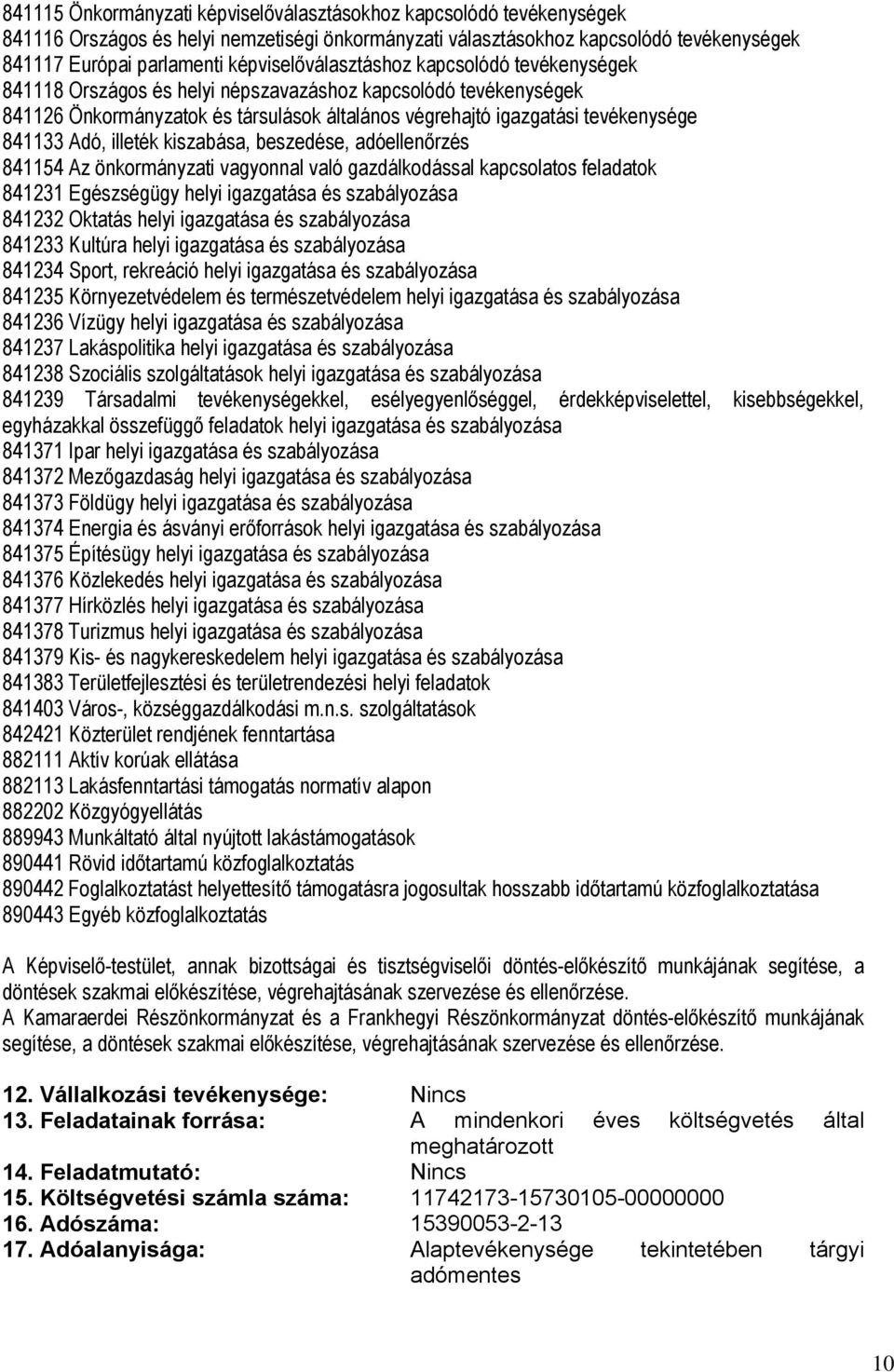 Adó, illeték kiszabása, beszedése, adóellenőrzés 841154 Az önkormányzati vagyonnal való gazdálkodással kapcsolatos feladatok 841231 Egészségügy helyi igazgatása és szabályozása 841232 Oktatás helyi