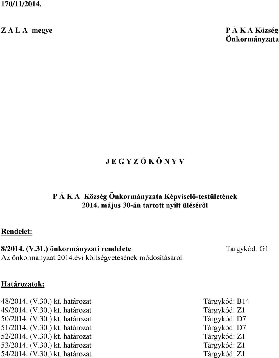 évi költségvetésének módosításáról Határozatok: 48/2014. (V.30.) kt. határozat Tárgykód: B14 49/2014. (V.30.) kt. határozat Tárgykód: Z1 50/2014. (V.30.) kt. határozat Tárgykód: D7 51/2014.