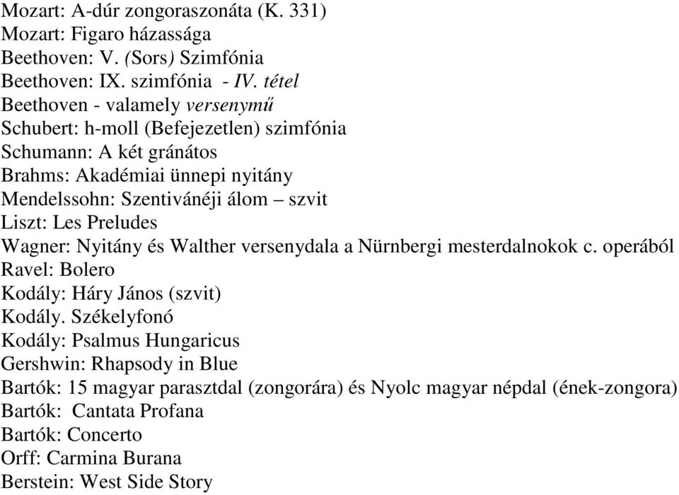 szvit Liszt: Les Preludes Wagner: Nyitány és Walther versenydala a Nürnbergi mesterdalnokok c. operából Ravel: Bolero Kodály: Háry János (szvit) Kodály.