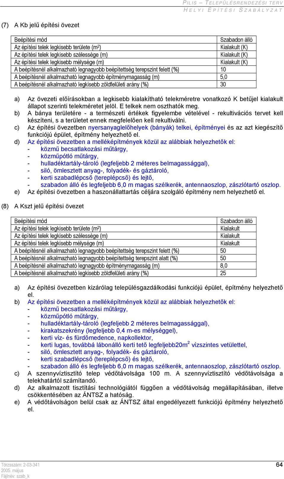 előírásokban a legkisebb kialakítható telekméretre vonatkozó K betűjel kialakult állapot szerinti telekméretet jelöl. E telkek nem oszthatók meg.