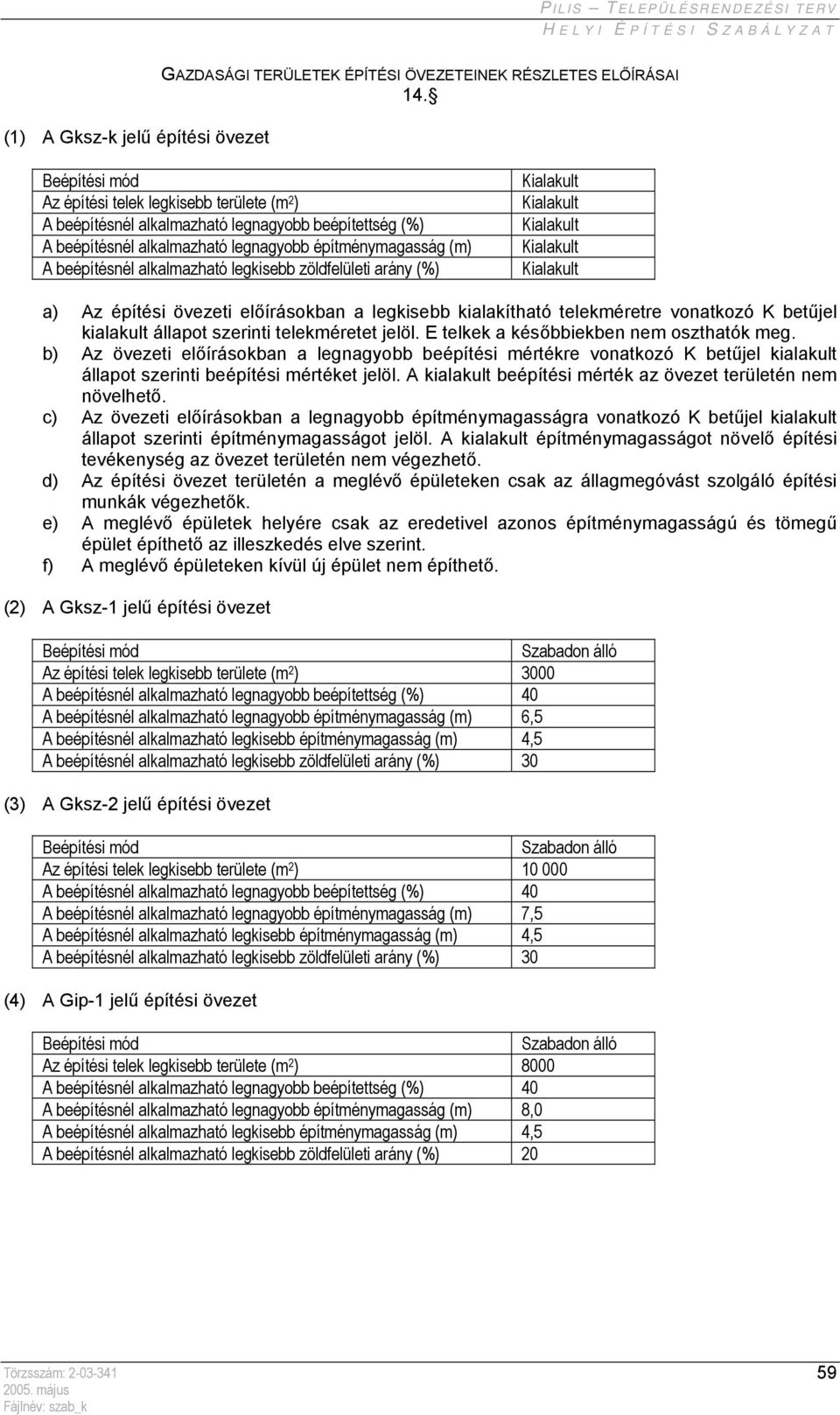 zöldfelületi arány (%) a) Az építési övezeti előírásokban a legkisebb kialakítható telekméretre vonatkozó K betűjel kialakult állapot szerinti telekméretet jelöl.