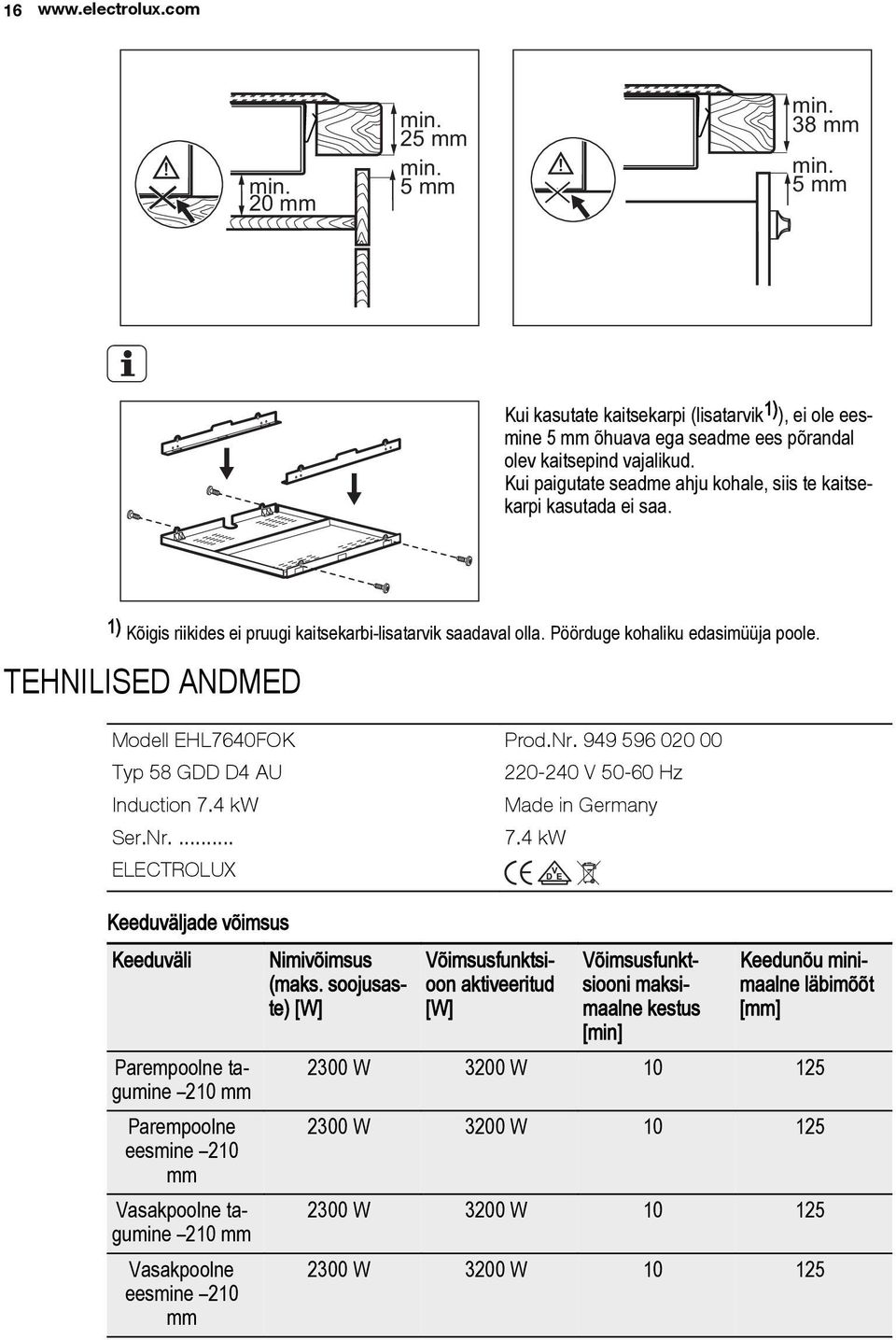 TEHNILISED ANDMED Modell EHL7640FOK Prod.Nr. 949 596 020 00 Typ 58 GDD D4 AU 220-240 V 50-60 Hz Induction 7.4 kw Made in Germany Ser.Nr.... 7.4 kw ELECTROLUX Keeduväljade võimsus Keeduväli Nimivõimsus (maks.