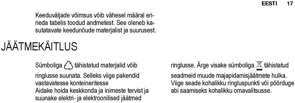 Selleks viige pakendid vastavatesse konteineritesse Aidake hoida keskkonda ja inimeste tervist ja suunake elektri- ja