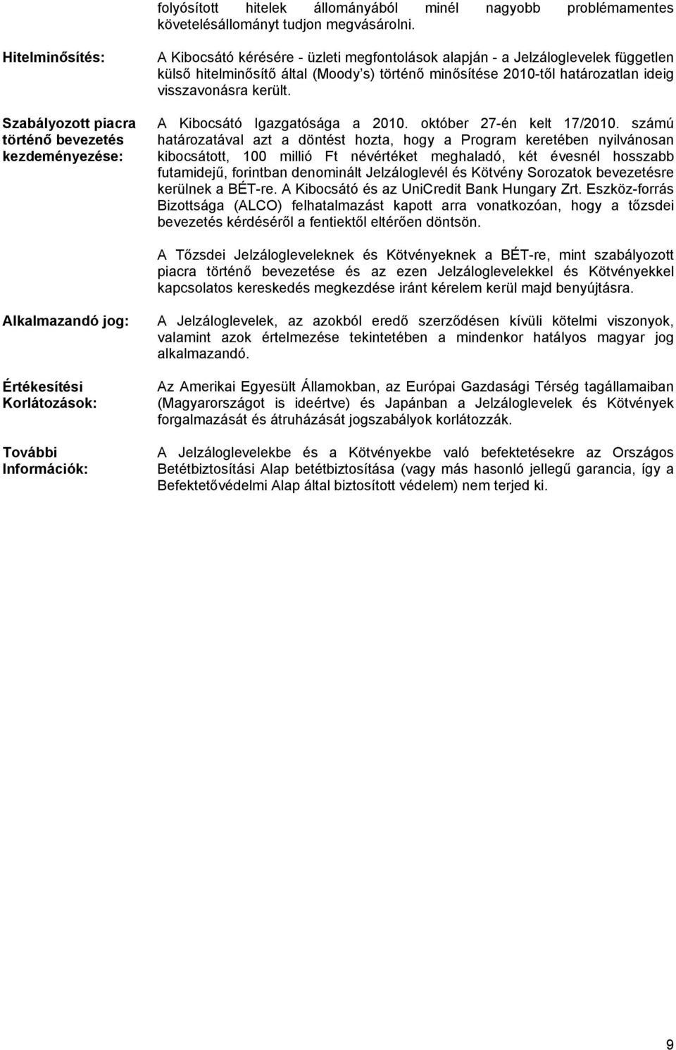 minősítése 2010-től határozatlan ideig visszavonásra került. A Kibocsátó Igazgatósága a 2010. október 27-én kelt 17/2010.