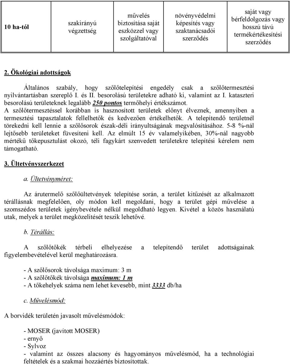 besorolású területekre adható ki, valamint az I. kataszteri besorolású területeknek legalább 250 pontos termőhelyi értékszámot.