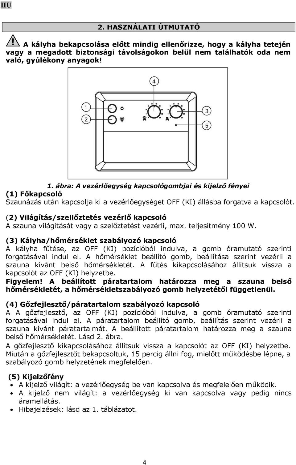 (2) Világítás/szellőztetés vezérlő kapcsoló A szauna világítását vagy a szelőztetést vezérli, max. teljesítmény 100 W.