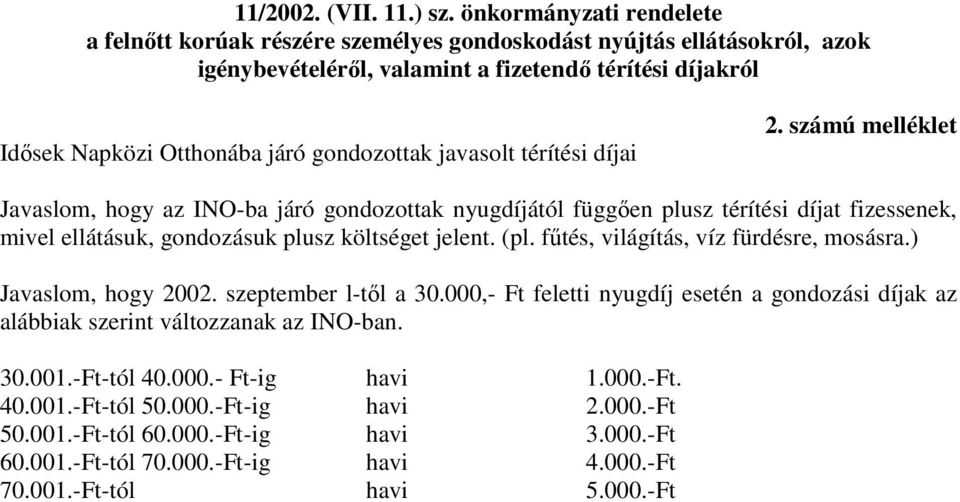 javasolt térítési díjai 2. számú melléklet Javaslom, hogy az INO-ba járó gondozottak nyugdíjától függıen plusz térítési díjat fizessenek, mivel ellátásuk, gondozásuk plusz költséget jelent. (pl.