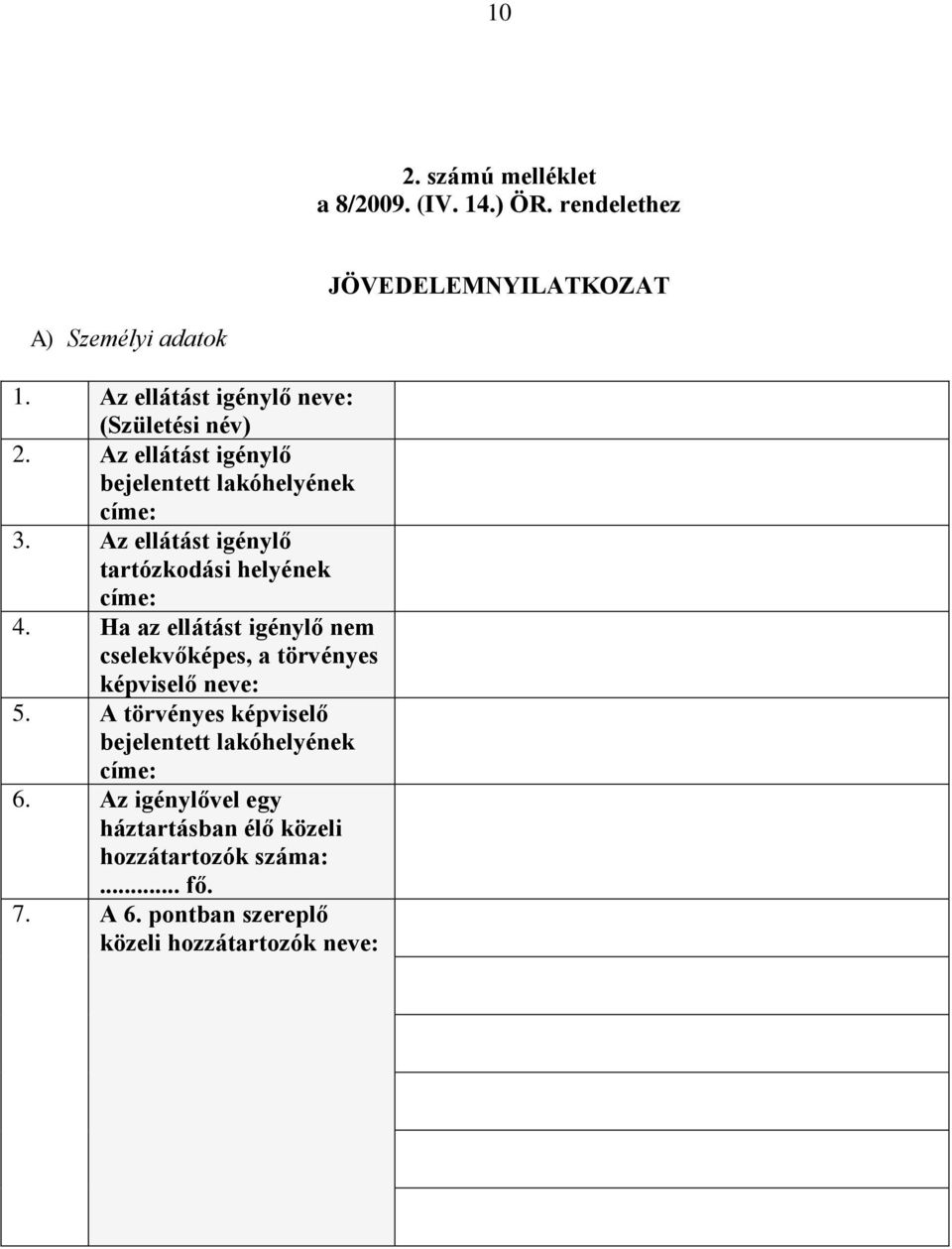 Az ellátást igénylő tartózkodási helyének címe: 4. Ha az ellátást igénylő nem cselekvőképes, a törvényes képviselő neve: 5.