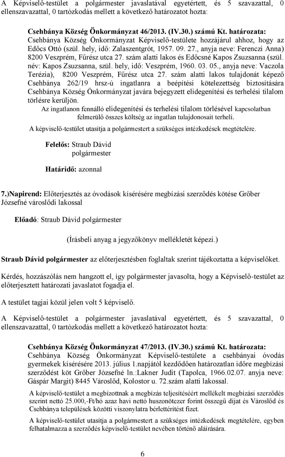 , anyja neve: Ferenczi Anna) 8200 Veszprém, Fűrész utca 27. szám alatti lakos és Edőcsné Kapos Zsuzsanna (szül. név: Kapos Zsuzsanna, szül. hely, idő: Veszprém, 1960. 03. 05.