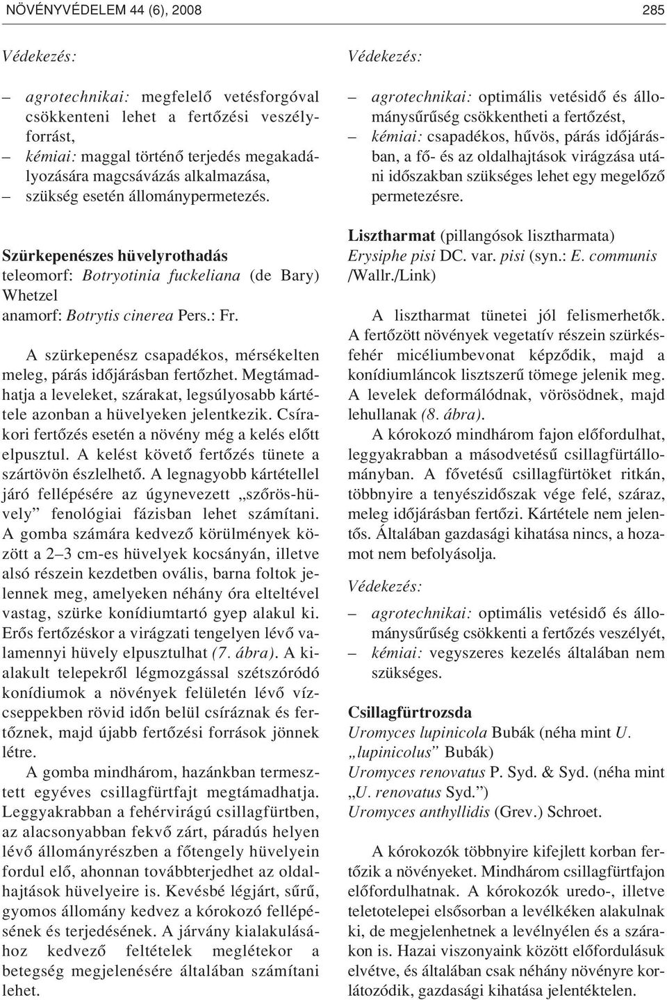 A szürkepenész csapadékos, mérsékelten meleg, párás idôjárásban fertôzhet. Megtámadhatja a leveleket, szárakat, legsúlyosabb kártétele azonban a hüvelyeken jelentkezik.