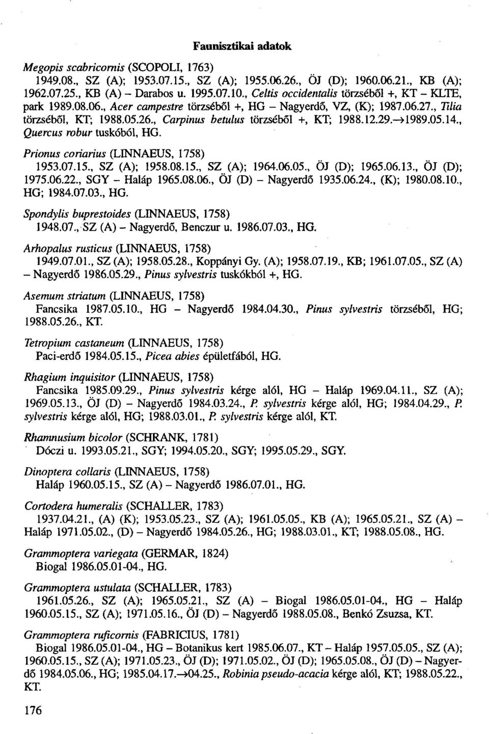 , Carpinus betulus törzséből +, KT; 1988.12.29.-989.05.14., Quercus robur tuskóból, HG. Prionus coriarius (LINNAEUS, 1758) 1953.07.15., SZ (A); 1958.08.15., SZ (A); 1964.06.05., ÖJ (D); 1965.06.13.
