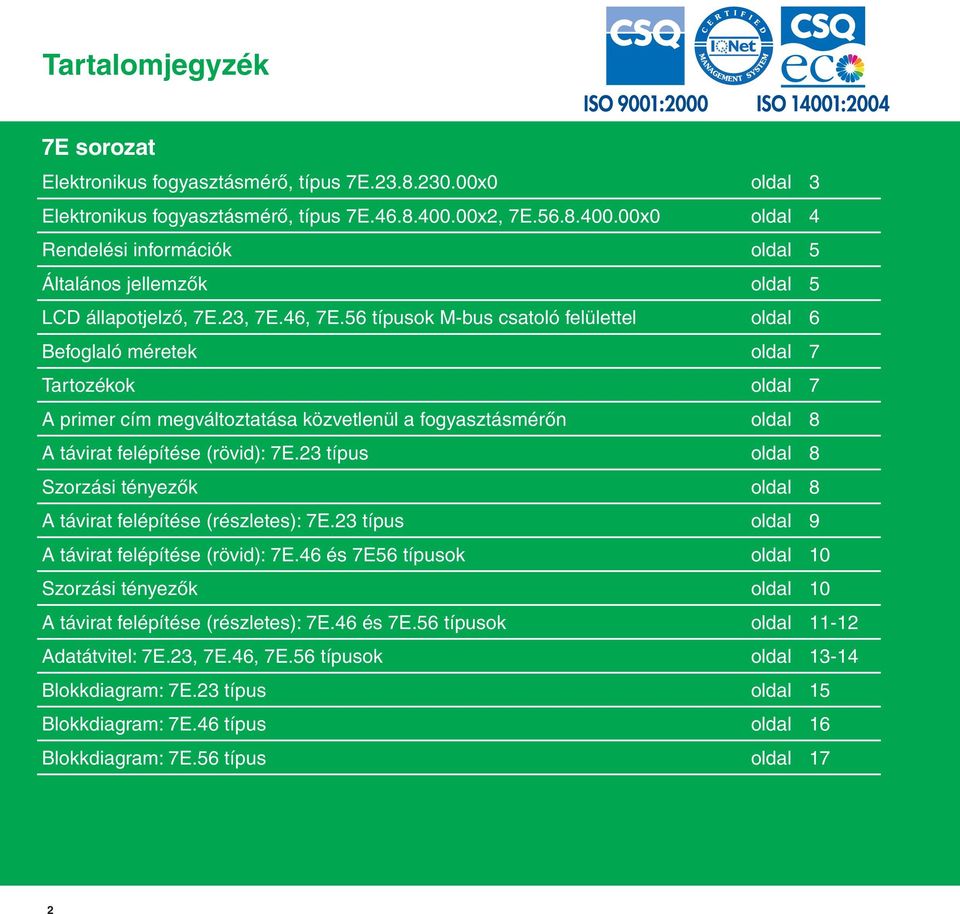 56 típusok M-bus csatoló felülettel oldal 6 Befoglaló méretek oldal 7 Tartozékok oldal 7 A primer cím megváltoztatása közvetlenül a fogyasztásmérőn oldal 8 A távirat felépítése (rövid): 7E.