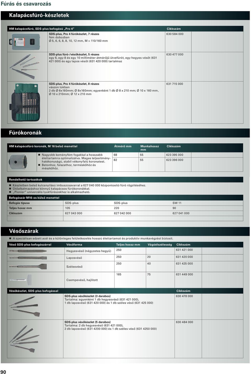 részes vászon tokban 2 db Ø 6x160; Ø 8x160; egyenként 1 db Ø 8 x 210 ; Ø 10 x 160, Ø 10 x 210; Ø 12 x 210 631 715 000 Fúrókoronák HM kalapácsfúró koronák, M 16 belső menettel Átmérő Munkahossz n