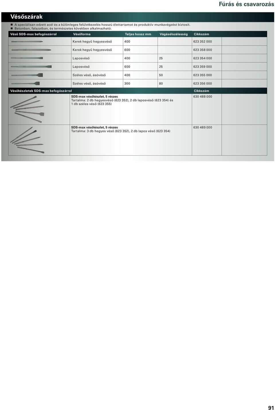 Véső SDS-max befogószárral Vésőforma Teljes hossz Vágásélszélesség Kerek hegyű hegyesvéső 400 623 352 000 Kerek hegyű hegyesvéső 600 623 358 000 Laposvéső 400 25 623 354 000 Laposvéső 600 25