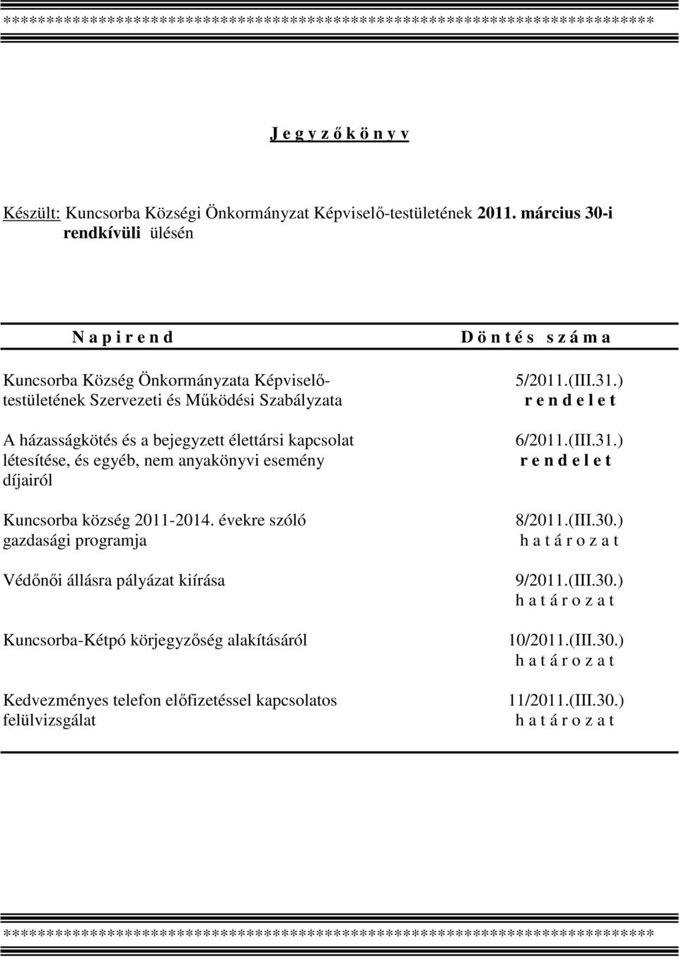 és egyéb, nem anyakönyvi esemény díjairól Kuncsorba község 2011-2014.