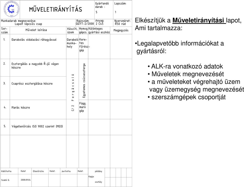 gyártásról: 2. Esztergálás a nagyo Ř-jű végen készre. Csaprész esztergálása készre 4. Marás készre C/ 2 F o r g á c s o l ó Egyetemes csúcseszterga Függ.