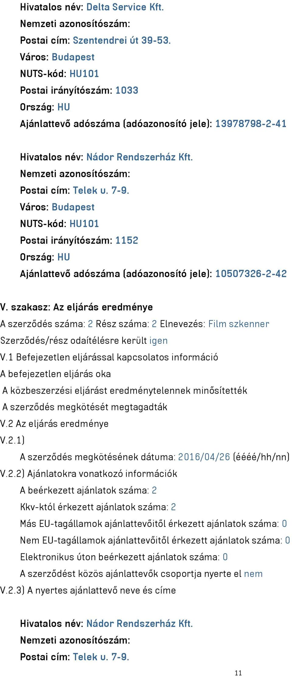 Város: Budapest NUTS-kód: HU101 Postai irányítószám: 1152 Ország: HU Ajánlattevő adószáma (adóazonosító jele): 10507326-2-42 V.