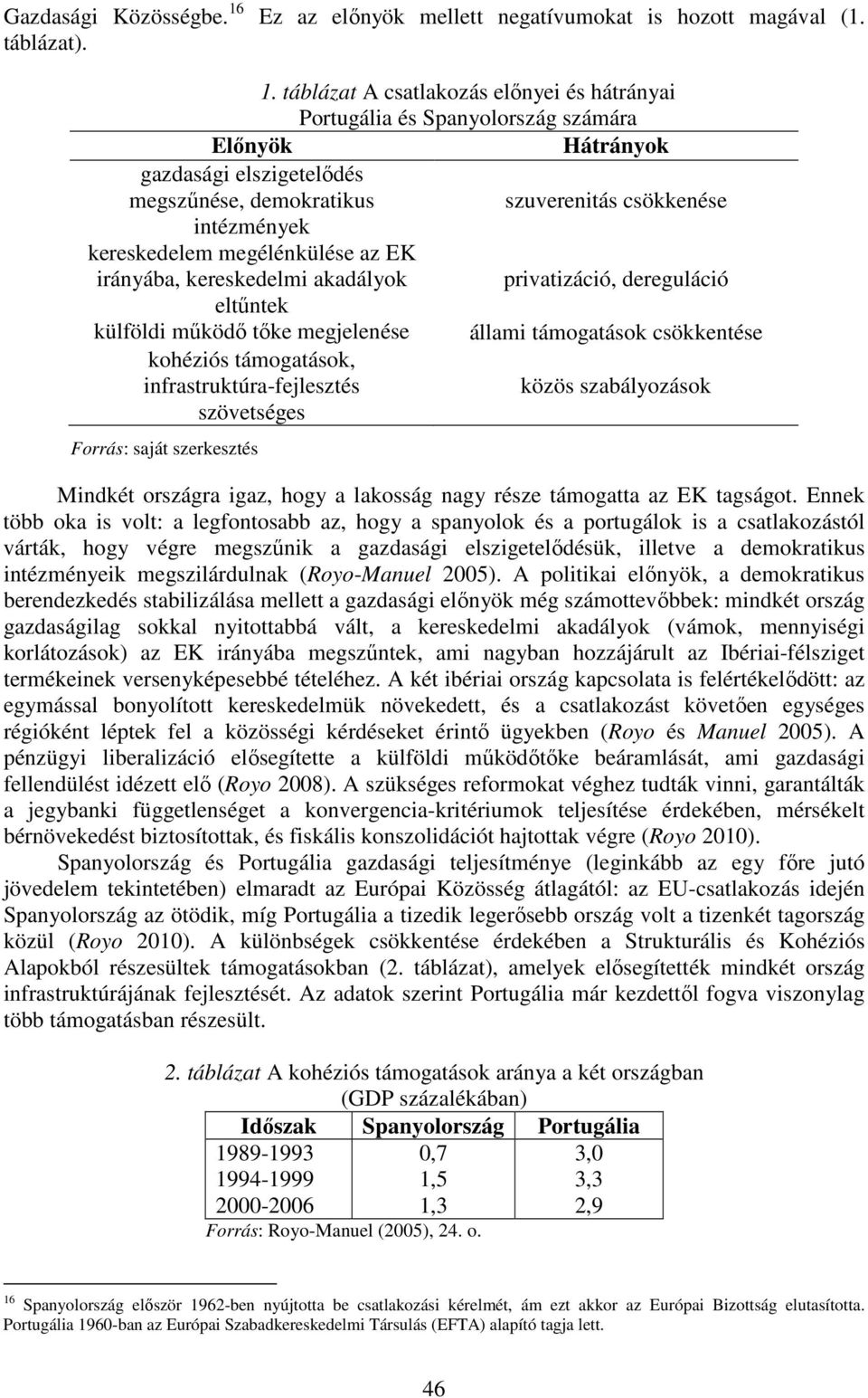 táblázat A csatlakozás előnyei és hátrányai Portugália és Spanyolország számára Előnyök Hátrányok gazdasági elszigetelődés megszűnése, demokratikus szuverenitás csökkenése intézmények kereskedelem